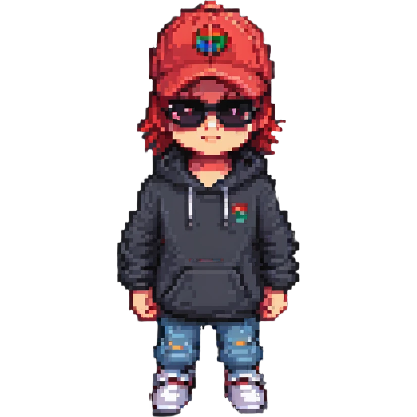 Coolkid, the Roblox hacker, as a pixel art character with a red cap, dark glasses, and a hoodie, standing confidently with a techy background emoji
