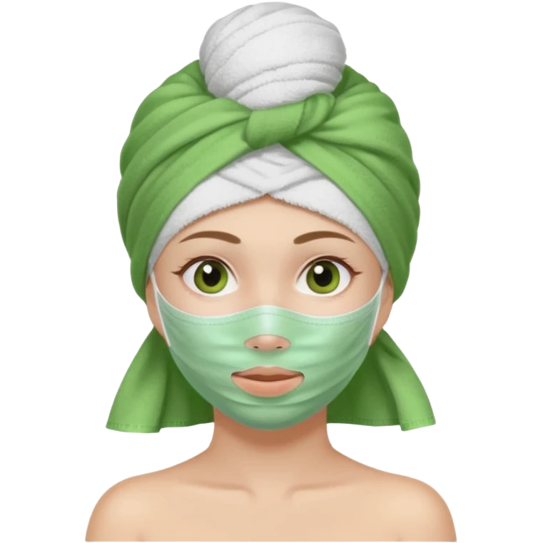 Una chica con una toalla en la cabeza y en el cuerpo y con una mascarilla facial  emoji