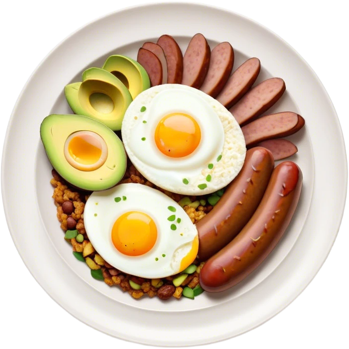 Bandeja Paisa Cinematic Realistic Bandeja Paisa Dish Emoji, depicted as a hearty platter featuring rice, beans, avocado slices, one sausage, a perfectly cooked egg, and crispy pork crackle, rendered with vivid textures and robust, inviting lighting. emoji