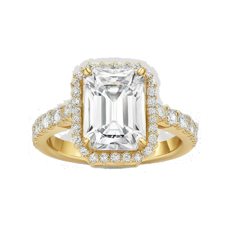Radiant cut gold engagement ring with halo emoji