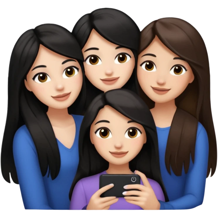 3 girl friends, one with black long hair light skin. one with brown hair long and the last girl one with black with brown medium length hair. Glammed up and hugging  and one talking a selfie and all of them smiling and looking girly all same skin tone  emoji