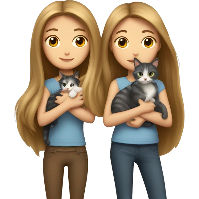 Two long hair girls and two cats in hands emoji