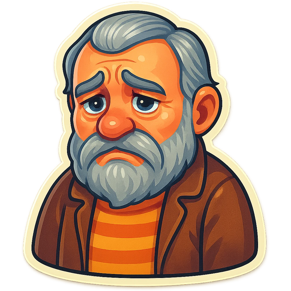 A dwarf with gray hair, a gray mustache, a gray beard, and gray eyebrows. He has blue eyes and wrinkles on his forehead. He is wearing a striped t-shirt and a brown jacket. The dwarf is displaying a sadness emotion. emoji
