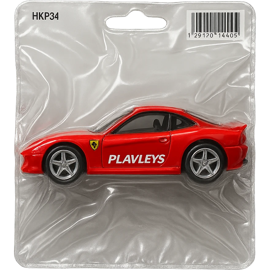 red Ferrari car with the word 'PLAVLEYS' on the side, inside a Hot Wheels style blister package, glossy and puffy, no background emoji