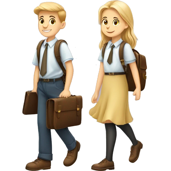 A boy and a girl, schoolchildren, go to school with briefcases and flowers on September 1, cartoon style, clipart emoji