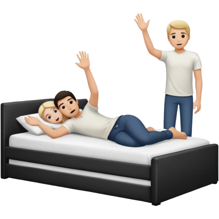 A bed with a girl laying down south and a man putting his hand up. emoji