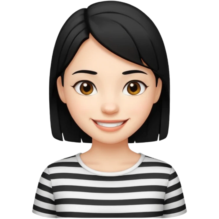 Black-haired girl, short to the neck, wearing white shirt with black stripes, happy emoji