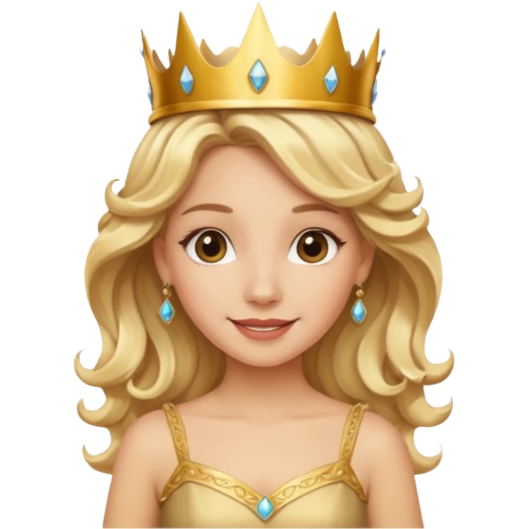 Cheerful blonde latin princess with wavy hair and light gold dress, wearing crown emoji