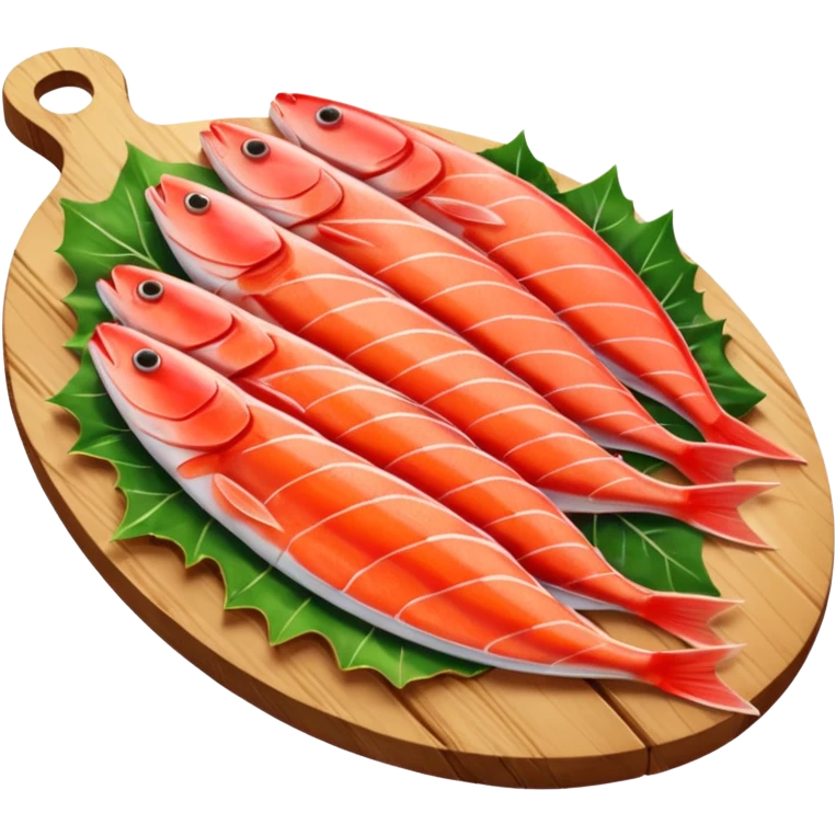 Draw raw fish fillets arranged on a wooden board with skin & flesh texture visible. emoji