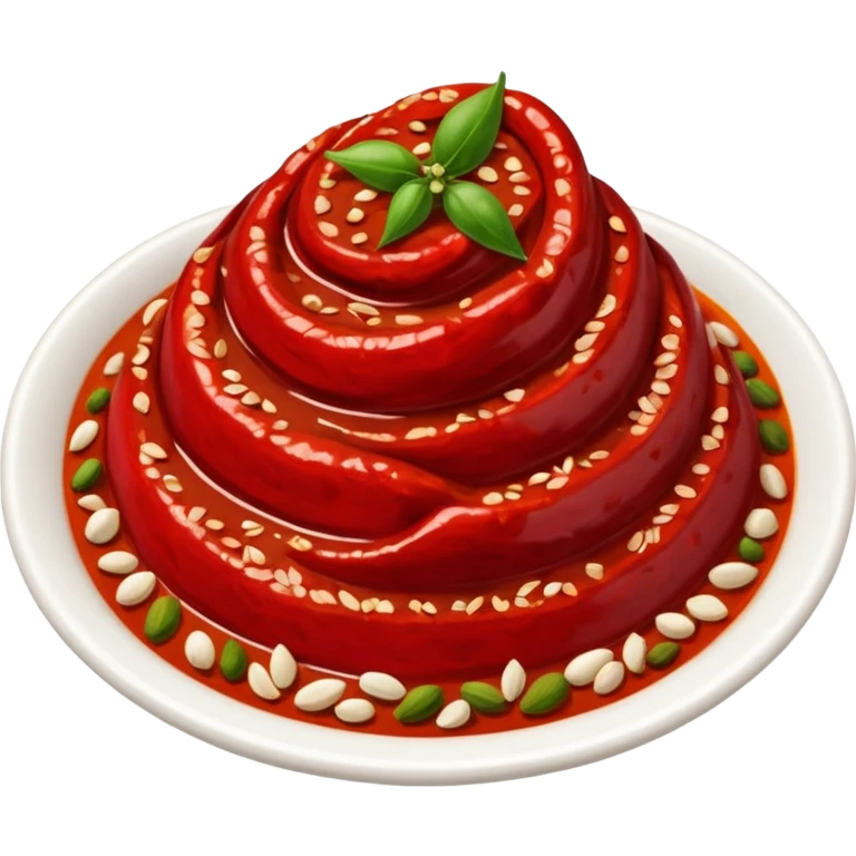 realistic harissa paste, dollop or swirl, deep red, thick textured, glossy, uneven, flecks of chili, spices, seeds, vibrant red to crimson, clean 3D, soft lighting, transparent background, emoji scale emoji