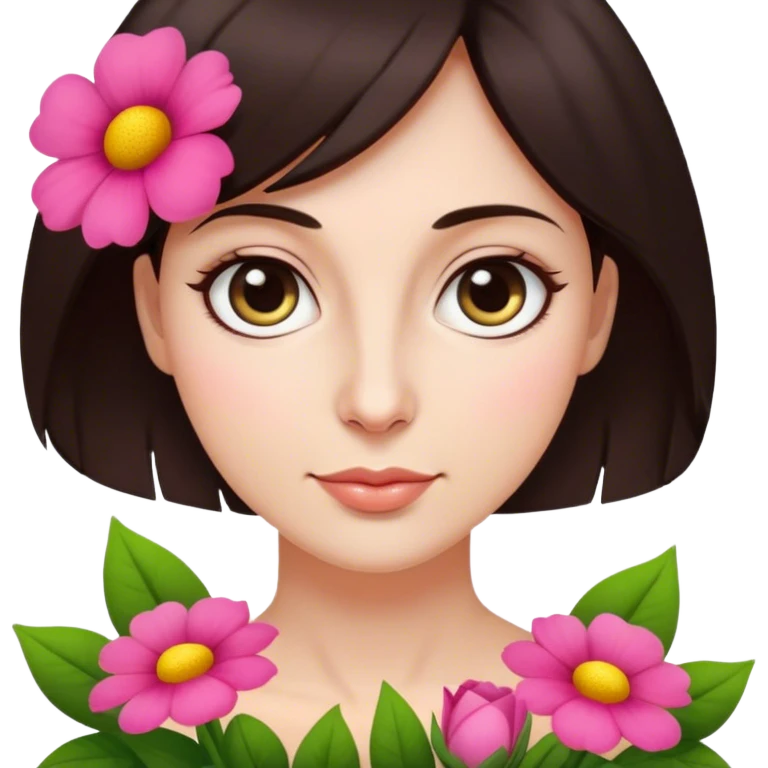 Mujer de 40 años pelo corto castaño oscuro con ojos grandes nariz redonda y flores al rededor emoji
