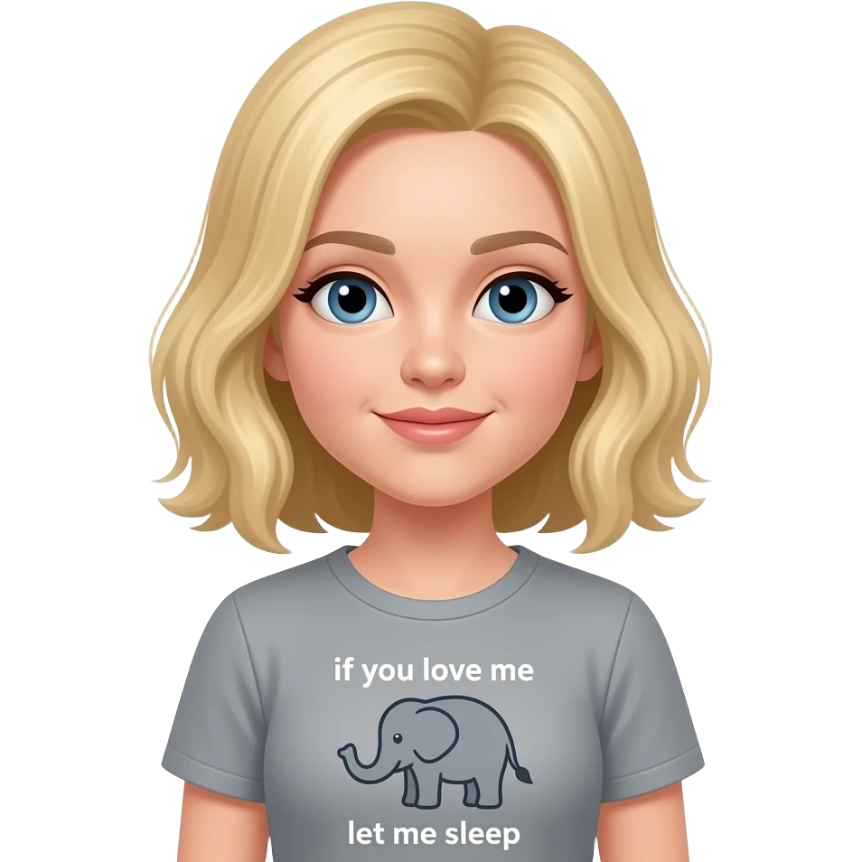 Make Maveri as a girl with blonde hair and a gray elephant shirt that says if you love me let me sleep emoji