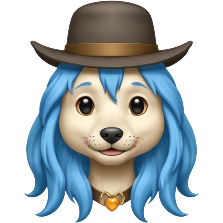 fancy dog with long blue hair, wearing hat emoji