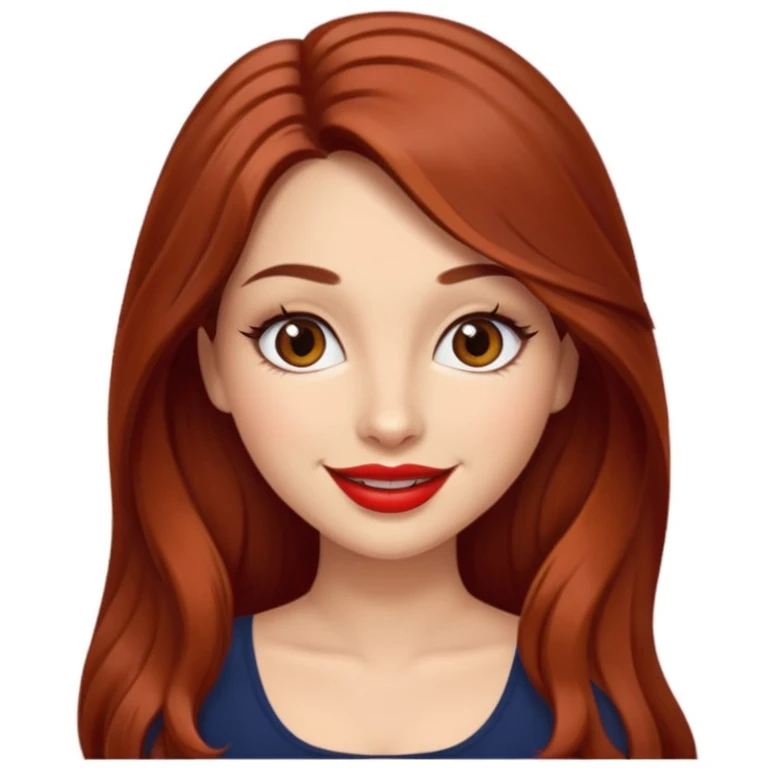 Sexy busty Latina with round face and large eyes and auburn long hair lashes lipstick and a tiny waist emoji