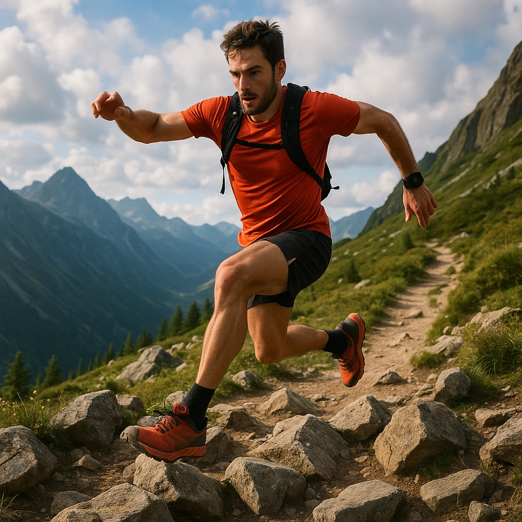 a mountain trail runner leaping over rocks, energetic, nature setting emoji