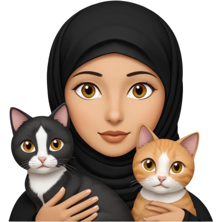 A Arabic woman human with brown eyes and black hijab. , the human is a human no cat ears, two cats, the both cats have the colour black and white in the same colour, not orange cat,  NO CAT EARS ON THE HUMAN ,  emoji