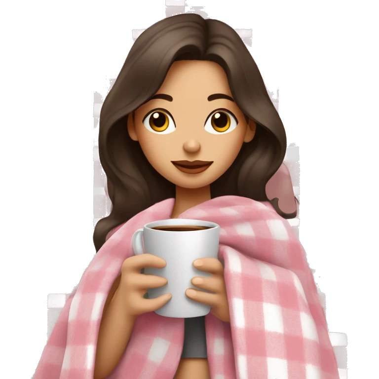 cute brunette girl wrapped in pastel pink plaid blanket drinking coffee emoji