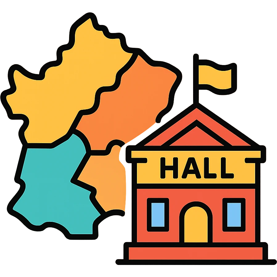 Map with regional divisions and town hall building - representing Collectivités Territoriales emoji