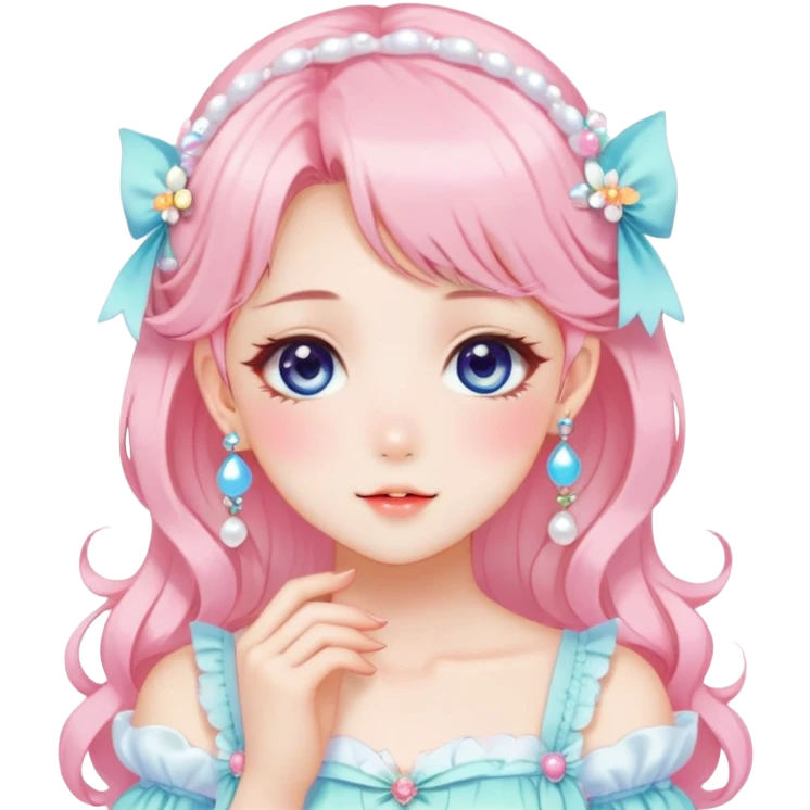 Gorgeous anime style lady with blushing face and accessories cottagecore fairycore Kawaii anime colorful pearly romantic aesthetic trending style emoji