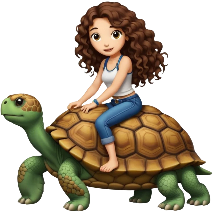 ccute woman long curly brown hair tattoos riding big tortoise emoji