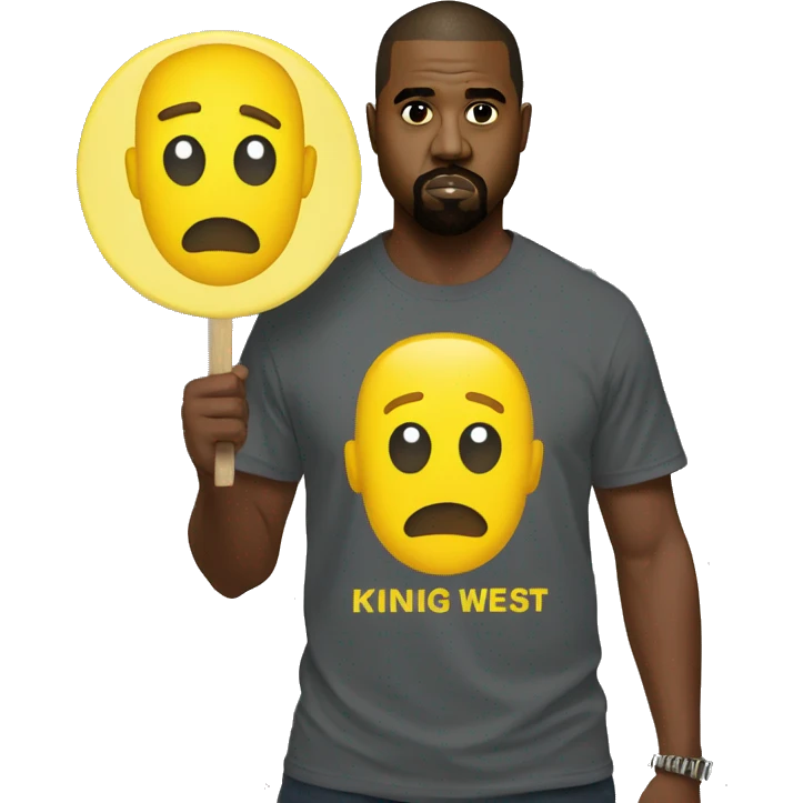 Kanye west holds a yellow sign with tshirt emoji
