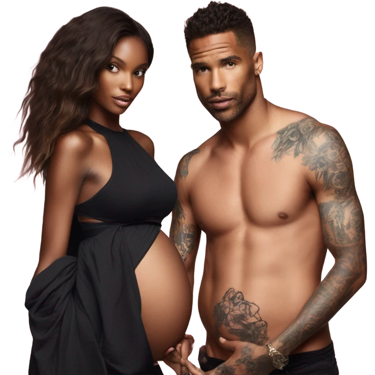 Photo of a Victoria secret model pregnant Standing next to a tattooed male model  emoji