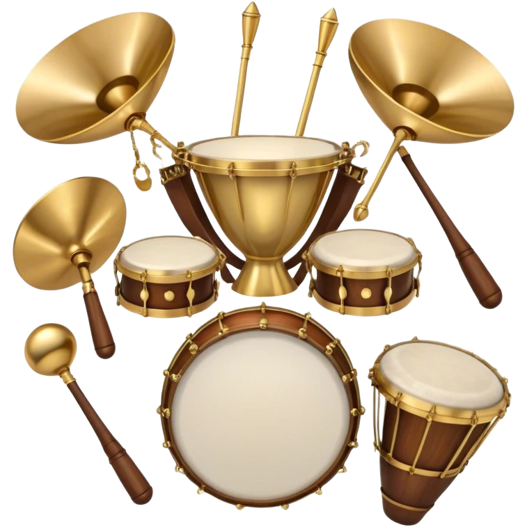Create a heraldic, festive, and professional emblem-like emoji representing percussion instruments. The design should resemble a traditional crest, featuring a range of percussion instruments like cymbals, triangle, tambourine, maracas, timpani, and other traditional and folk percussion instruments. Arrange them symmetrically, with elements like cymbals crossing each other, a triangle at the center, and timpani or drums flanking the sides. The instruments should be depicted with metallic and wooden tones—shiny brass for cymbals, silver for the triangle, and rich wood or polished bronze for drums. Include ornate details like engraved patterns on the instruments, decorative swirls or laurels, and subtle accents to add elegance and festivity to the composition. The overall design should be cohesive, balanced, and visually striking, suitable for use as a prestigious emblem. The background should be transparent. emoji