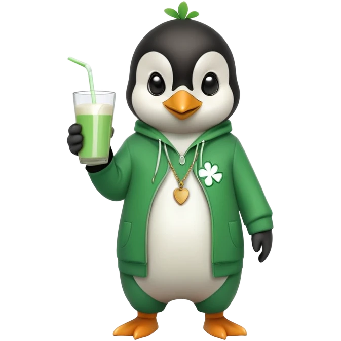 full body friendly anthropomorphised penguin wearing green mafia-style tracksuit, angry confident scheming stance, holding glass of milk, shamrock accessory emoji