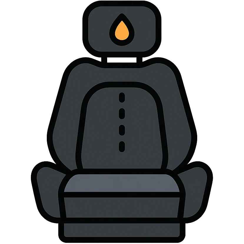 luxury car seat in matte black with a small droplet or shield on the headrest, elegant stitching, minimalist lines, modern and clean style icon emoji