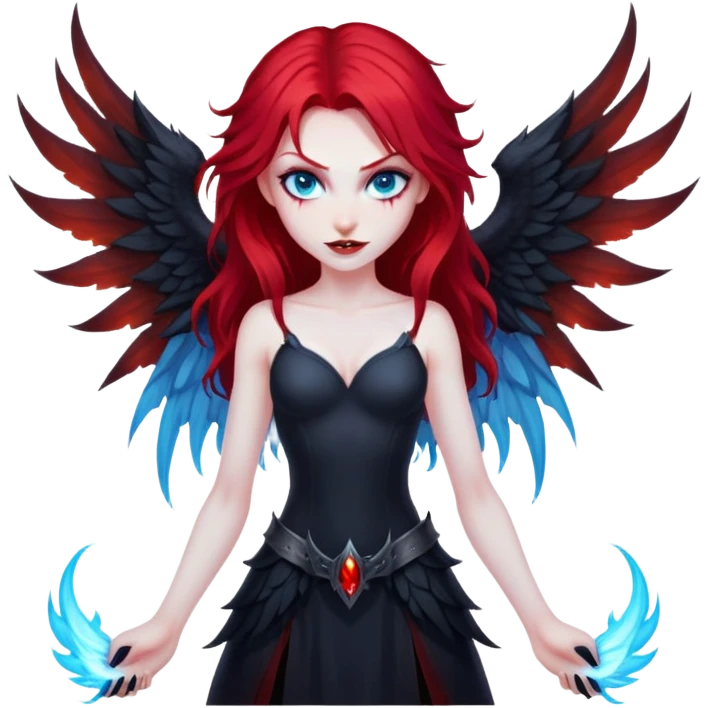 extremely diabolical girl with giant towering wings, blood red hair, glowing blue eyes, black hellfire aura, no horns, evil grin emoji
