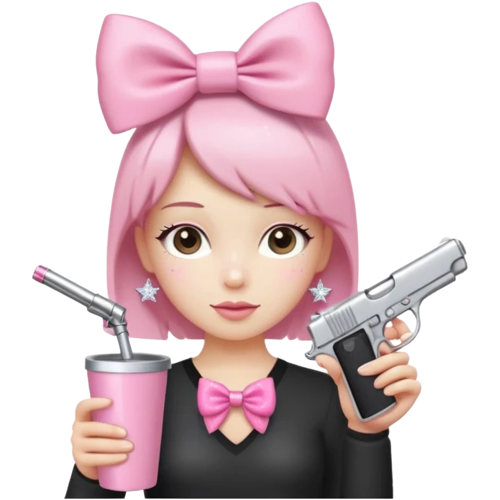 Minimalist figure with a cute pink aesthetic. It has a sparkly pink bow on its head, a pink gun keychain hanging nearby, and is holding a large plain pink tumbler cup. The background is simple white with a soft shadow for a clean look. emoji