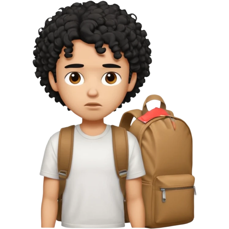 a pretty bratz guy with black curly hair wearing a white tshirt and brown backpack looking tired emoji