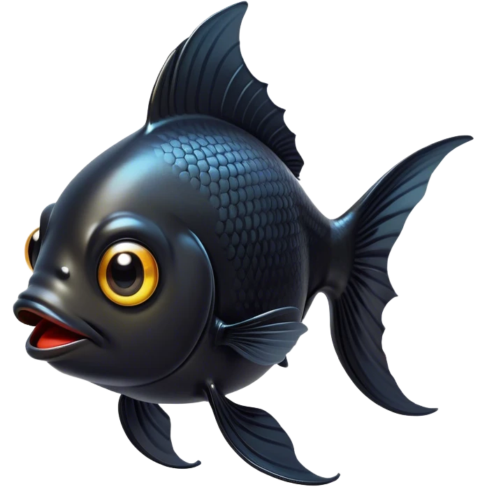 Cinematic Comical Black Goldfish Portrait Emoji, Head tilted dramatically with an exaggeratedly amused expression, featuring a striking, glossy deep black body with vibrant, fluttering fins, wide, expressive golden eyes filled with playful disbelief, Simplified yet hilariously expressive features, highly detailed, glowing with a slightly sassy glow, high shine, dramatic yet playful, stylized with an air of cheeky mischief, bright and endearing, soft glowing outline, capturing the essence of a spirited and over-the-top goldfish, so meme-worthy it feels like it could side-eye its way into internet fame instantly! emoji