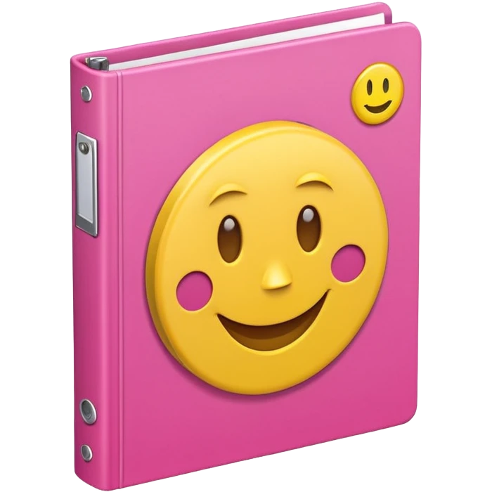libreta de anillos rosada en perspectiva isometrica con sticker de carita feliz amarilla, con aspecto de emoji de apple emoji