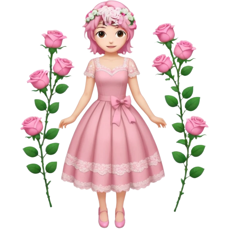 pastel anime woman with pink and white lace dress full body and roses in hair emoji