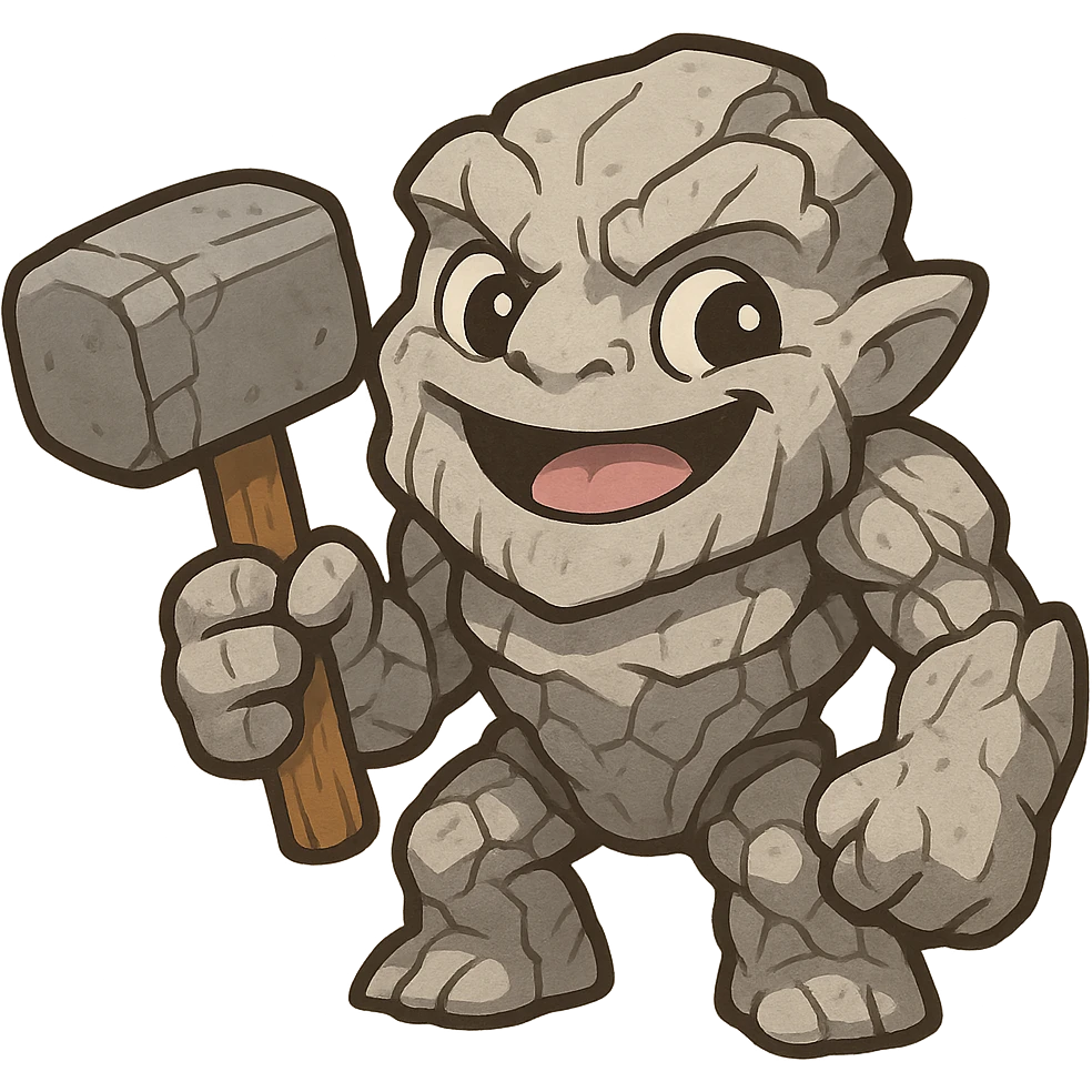 Tiny from Dota 2 in a cute chibi-style cartoon redesign, holding an oversized hammer, playful expression emoji