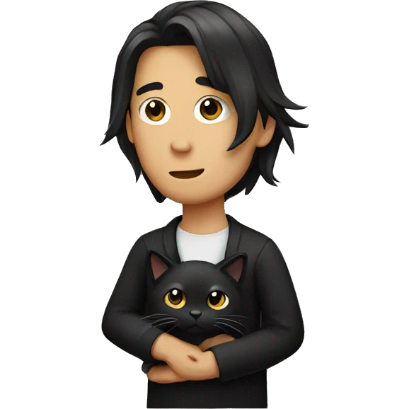 Long hair Asian man holding black cat emoji