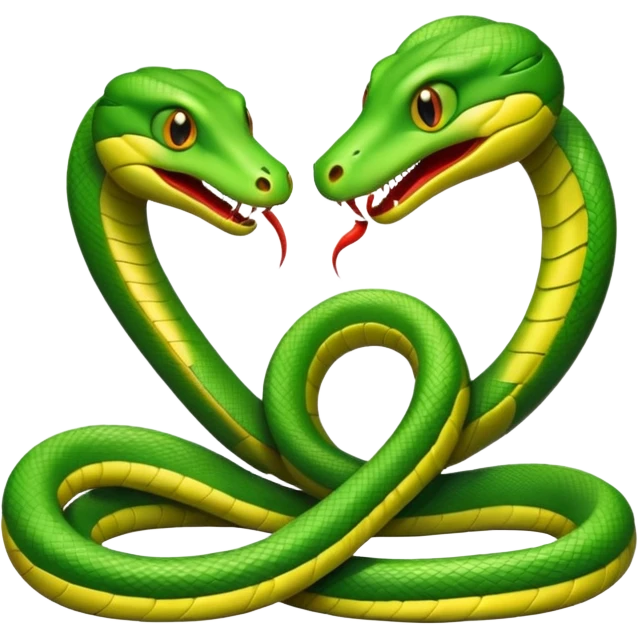 Two green snakes tangled at their tails, facing each other and hissing emoji