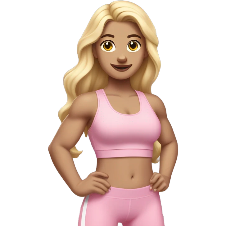 White woman, light skin, long hair, blonde hair, wavy hair, baby pink sports bra, baby pink leggings, flexing one arm emoji