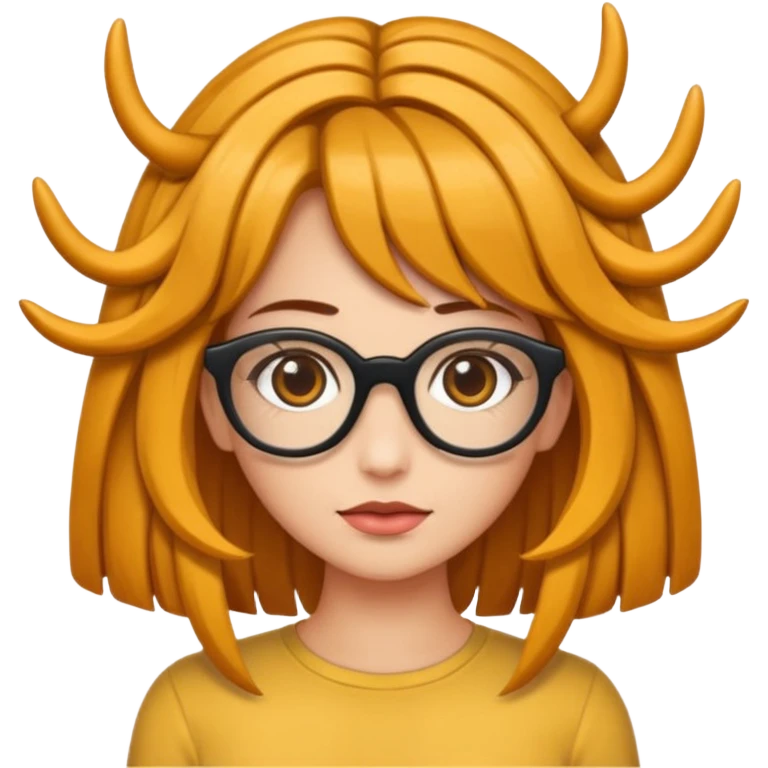 Uma garota de cabelos encaracolados compridos e mechas bem loiras, com pele morena  e óculos emoji