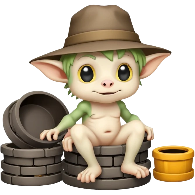 Mini sewer gremlin building little mess stacks on a bench in a manhole emoji