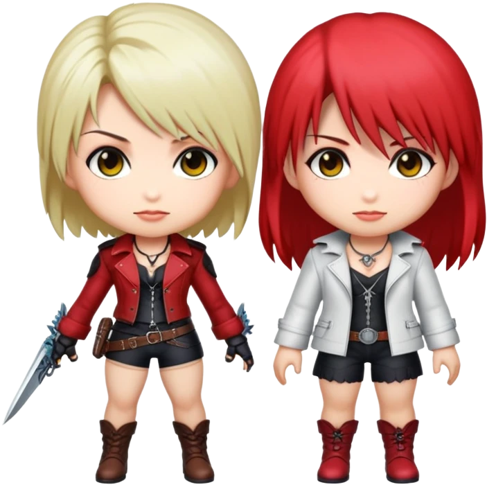 Cute chibi Lady and Trish from Devil May Cry, big heads, small bodies, childlike proportions emoji