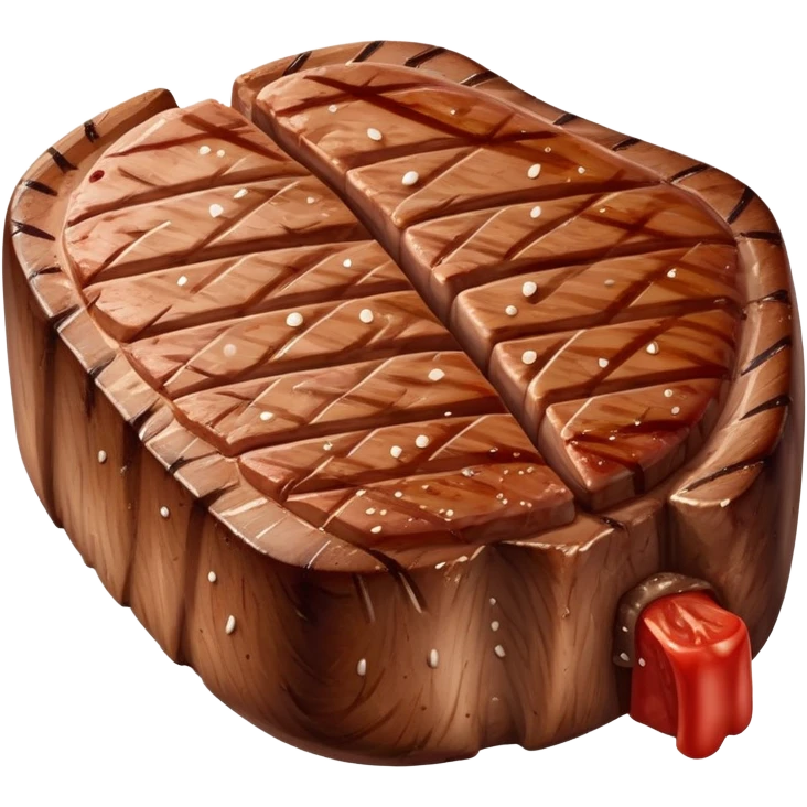 A thick, juicy steak with grill marks on the surface, slightly curved edges, and a reddish-brown seared texture. One side may have a white fatty edge or a small round bone. It appears tender, fresh off the grill, with a delicious, smoky look emoji