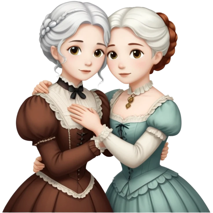 Two Victorian era women hugging each other closely, one with white hair and one with dark copper colored hair, both wearing Victorian period dresses emoji