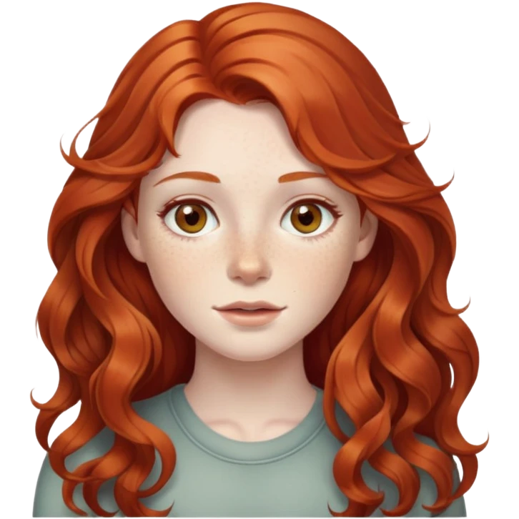 wavy long red hair, pale skin, hazel eyes, and freckles  emoji