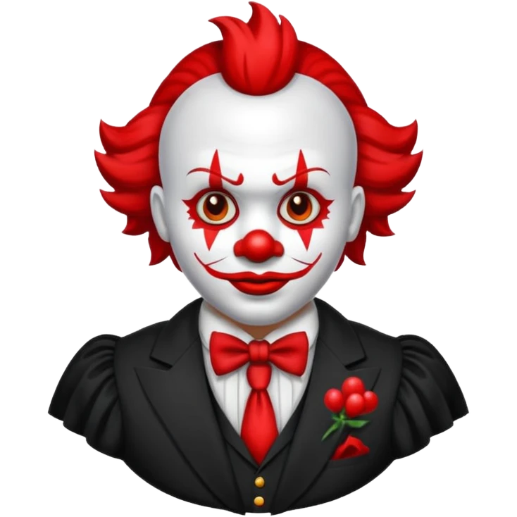 Crea un payaso con cara blanca sin pelo con cuernos negros y un traje rojo con negro emoji