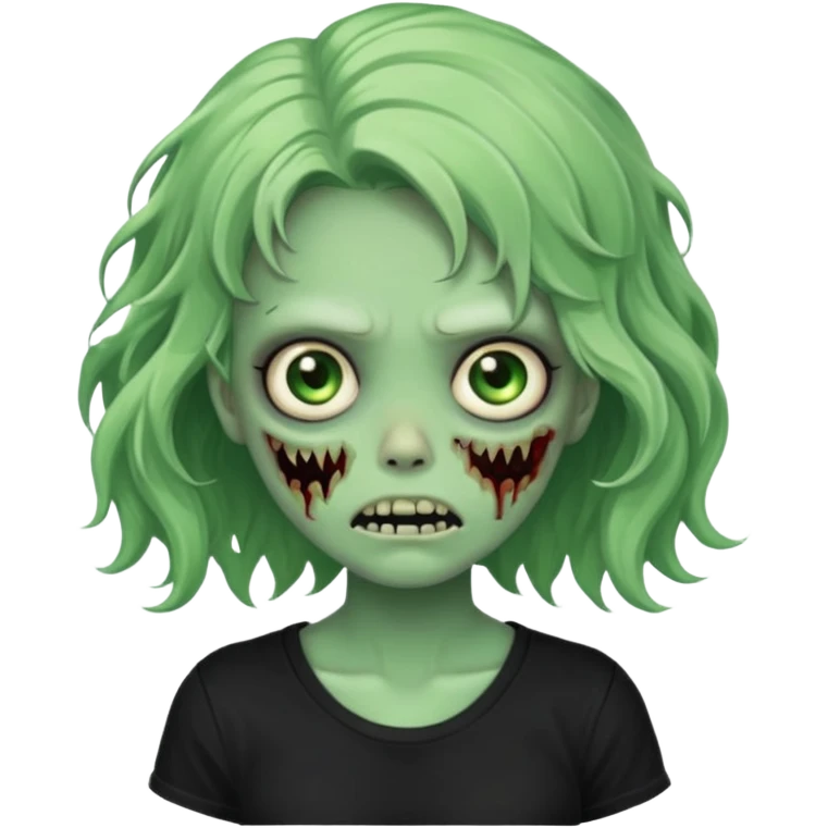 crie um emoji de uma garota zoombie verde assustadora e fofa com cabelo ondulado 2b e camiseta básica preta emoji