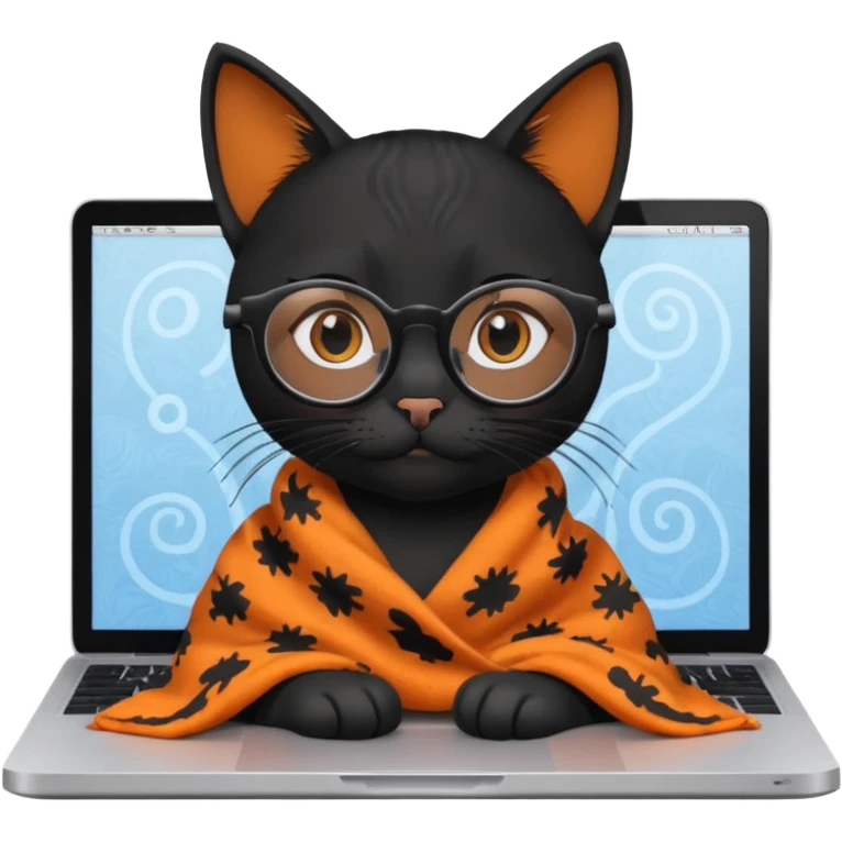 A black female cat working on a MacBook, with long, black straight lashes, round glasses and she wears a blanket with an orange pattern emoji