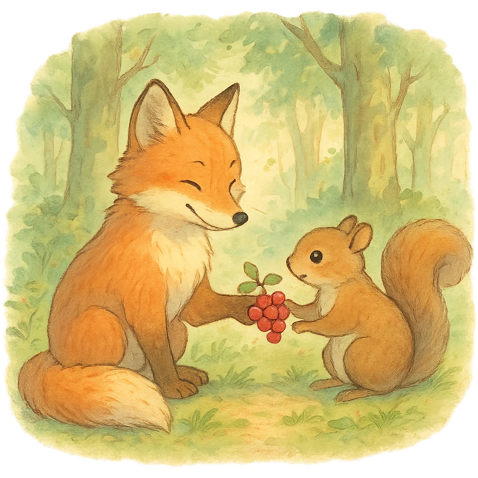 a fox and squirrel sharing berries in a forest friendship scene, soft pastel colors, ghibli style emoji