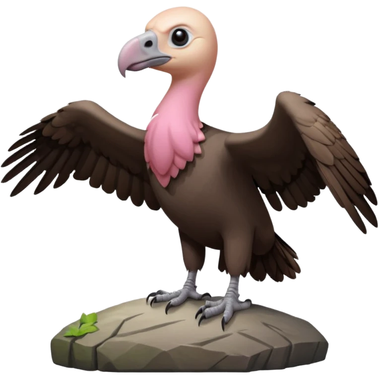 a vulture — large bird with dark brown feathers, bald pinkish head, curved beak and sharp eyes — standing proudly on a rock — wings slightly open — realistic yet cute cartoon emoji look, clean lighting, soft shadows. emoji